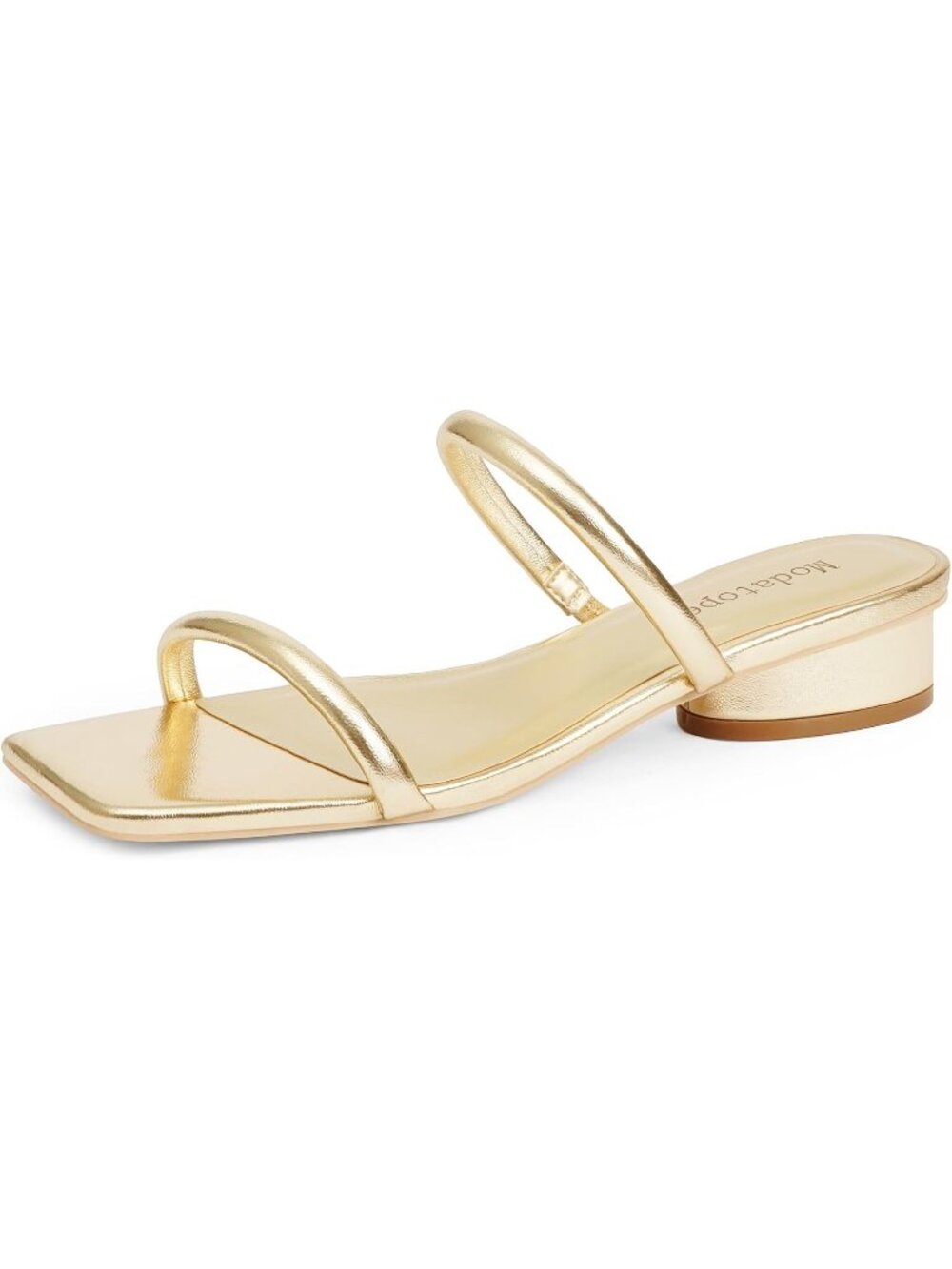 Women's Gold Faux Leather Two Strap Chunky Square Open Toe Low Heel Sandals